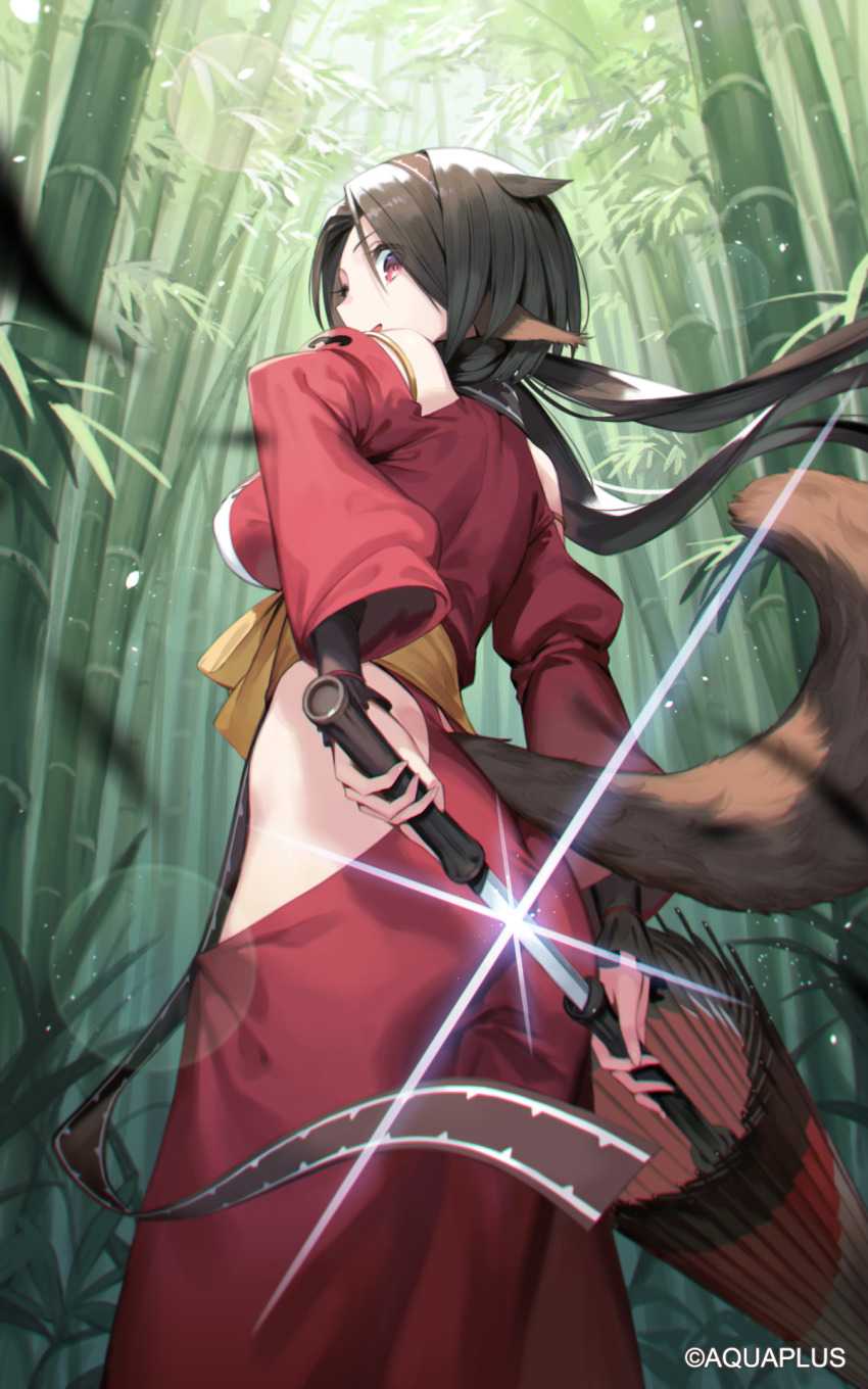1girl, :d, ainezu, animal_ears, back, bamboo, bamboo_forest, bare_shoulders