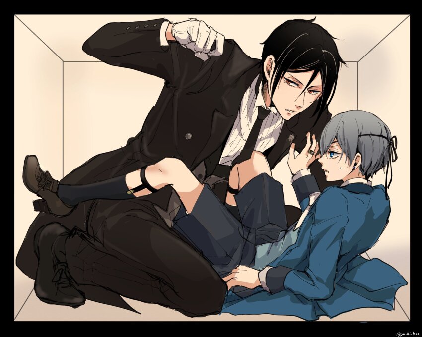 2boys, bishounen, black_border, black_footwear, black_hair, black_necktie, black_pants, black_shorts
