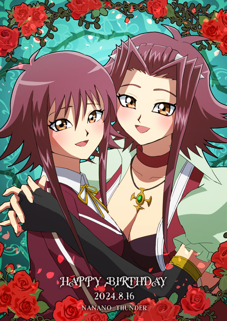 :d, blush, breasts, brown_eyes, choker, cleavage, commentary_request, dated, elbow_gloves, fingerless_gloves, flower, gloves, happy_birthday, hug, izayoi_aki, jewelry, looking_at_viewer, nanano_thunder, necklace, open_mouth, red_choker, red_flower, red_hair, red_rose, rose, short_hair, short_hair_with_long_locks, smile, spiked_hair, yu-gi-oh!, yu-gi-oh!_5d's