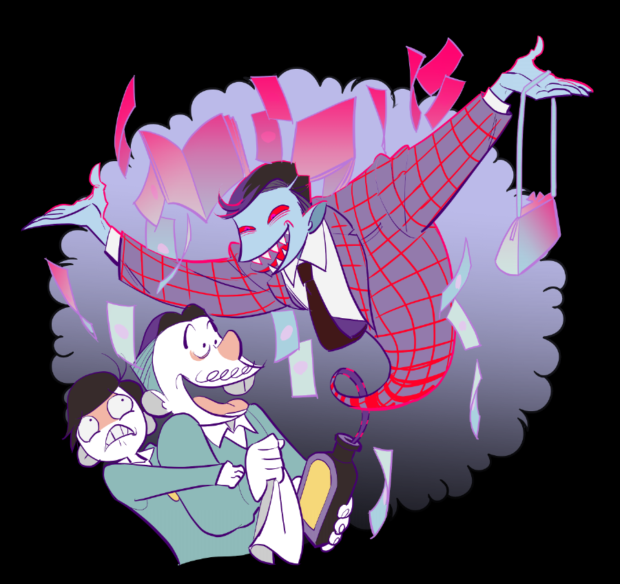 3boys, bag, banknote, black_background, blue_skin, book, bottle, buck_teeth