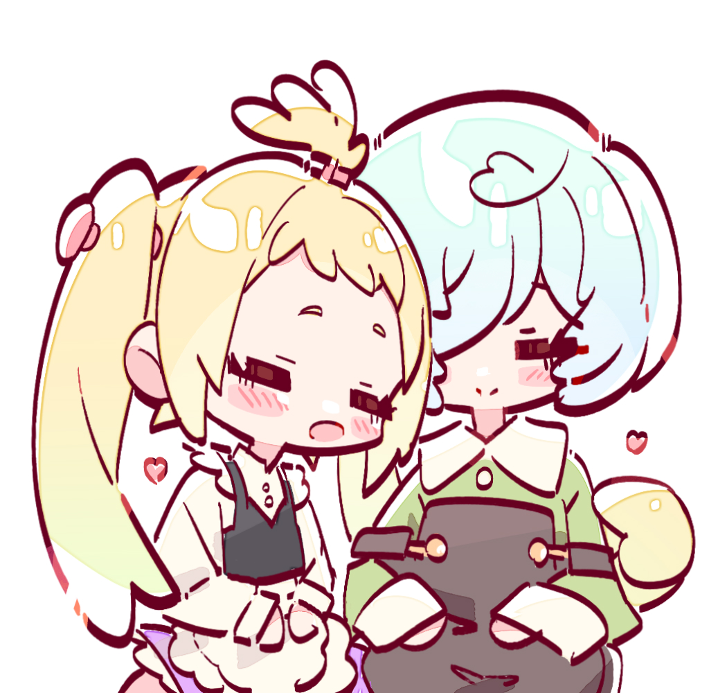2girls, :o, =_=, aqua_hair, blonde_hair, blush_stickers, chibi, fuu_(mayonaka_punch)