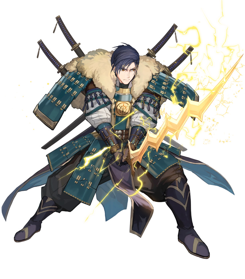 1boy, aged_up, felix_hugo_fraldarius, felix_hugo_fraldarius_(sword_savant), fire_emblem, fire_emblem:_three_houses, fire_emblem_heroes, highres, levin_sword, male_focus, multiple_swords, multiple_weapons, nintendo, non-web_source, official_alternate_costume, official_art, solo, sword, weapon