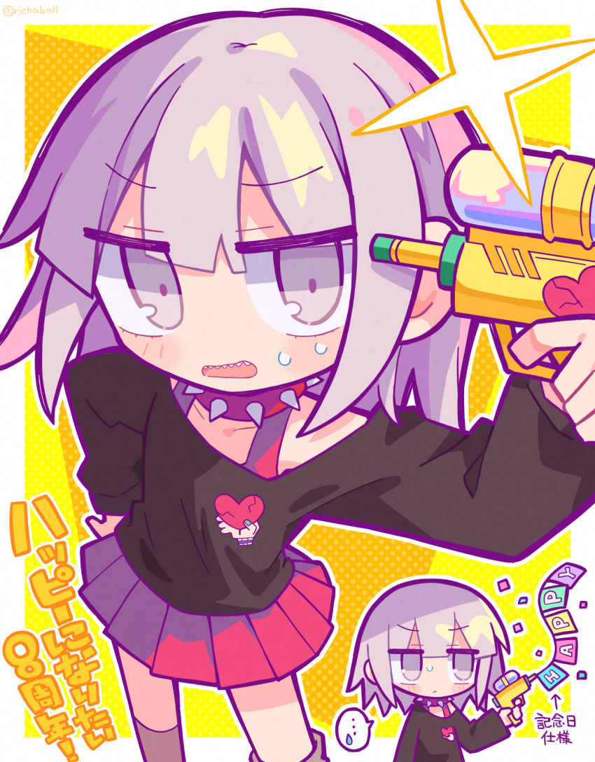 1girl, arrow_(symbol), black_shirt, border, broken_heart_print, collar, hand_on_own_hip, happy-chan_(nanawo_akari)