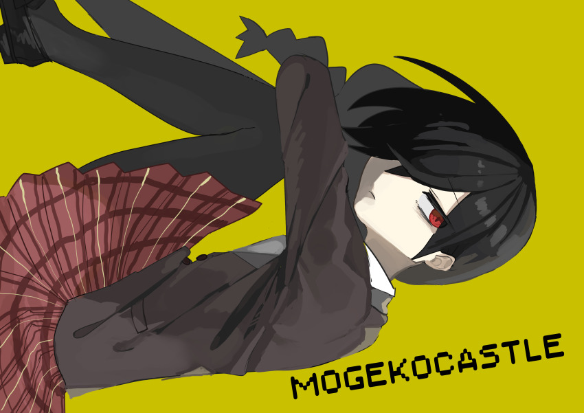 absurdres, black_footwear, black_hair, black_thighhighs, braid, brown_jacket, buttons, closed_mouth