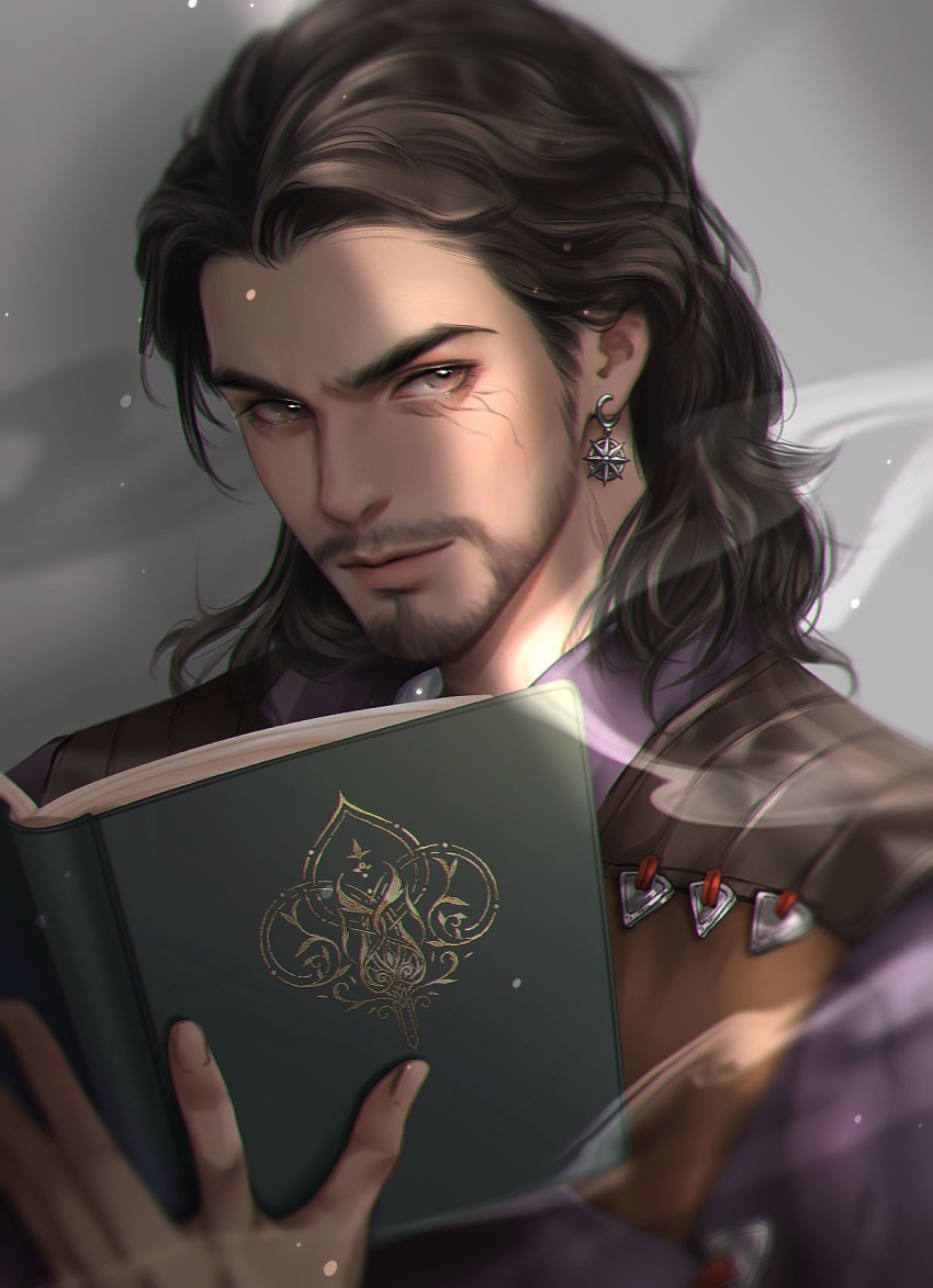 1boy, baldur's_gate, baldur's_gate_3, beard, book, brown_eyes, brown_hair, colored_veins