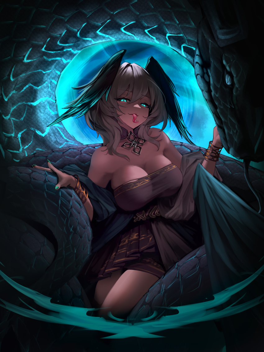 1girl, absurdres, ambience_synesthesia, aqua_eyes, aqua_nails, arknights, bare_shoulders, black_dress
