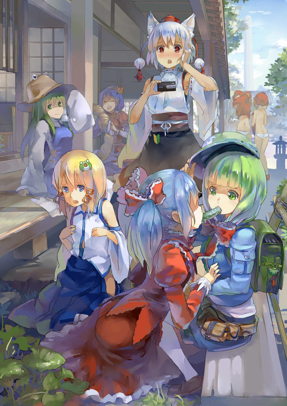 6+girls, 77gl, aki_minoriko, aki_shizuha, alternate_hairstyle, animal_ears, backpack, bag, blonde_hair, blue_eyes, blue_hair, blunt_bangs, blush, camera, charm_(object), cleaning, cosplay, costume_switch, cucumber, detached_sleeves, dress, dressing, eye_contact, female_focus, frog, front_ponytail, gohei, green_eyes, green_hair, hair_bobbles, hair_ornament, hat, highres, inubashiri_momiji, kagiyama_hina, kagiyama_hina_(cosplay), kawashiro_nitori, kawashiro_nitori_(cosplay), kawashiro_nitori_(kappa), kochiya_sanae, kochiya_sanae_(cosplay), long_hair, looking_at_another, moriya_suwako, moriya_suwako_(cosplay), mountain_of_faith, multiple_girls, navel, no_eyes, panties, porch, purple_hair, randoseru, red_eyes, rope, saliva, saliva_trail, shimenawa, short_hair, silver_hair, smile, tokin_hat, topless_female, touhou, twintails, two_side_up, underwear, underwear_only, undressing, veranda, white_panties, wolf_ears, yasaka_kanako, yuri