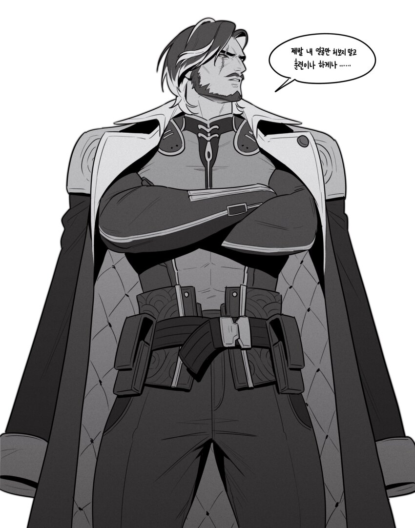 1boy, absurdres, bara, bingbing_nakso, chinstrap, coat, crossed_arms, facial_hair, greyscale, highres, korean_commentary, korean_text, monochrome, mustache, open_clothes, open_coat, pencil_mustache, scar, scar_across_eye, scar_on_face, wuthering_waves, yhan_(wuthering_waves)