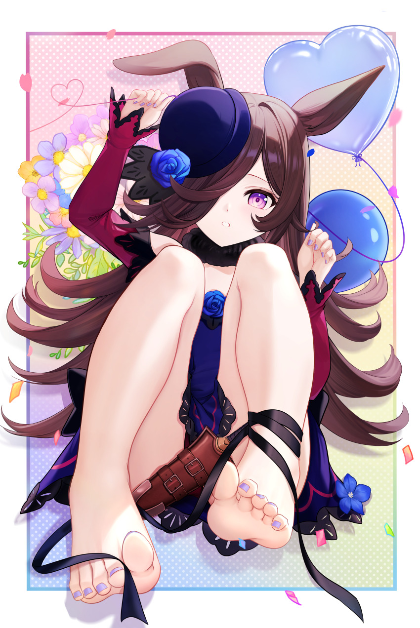 1girl, absurdres, animal_ears, balloon, barefoot, black_ribbon, blue_dress, blue_flower