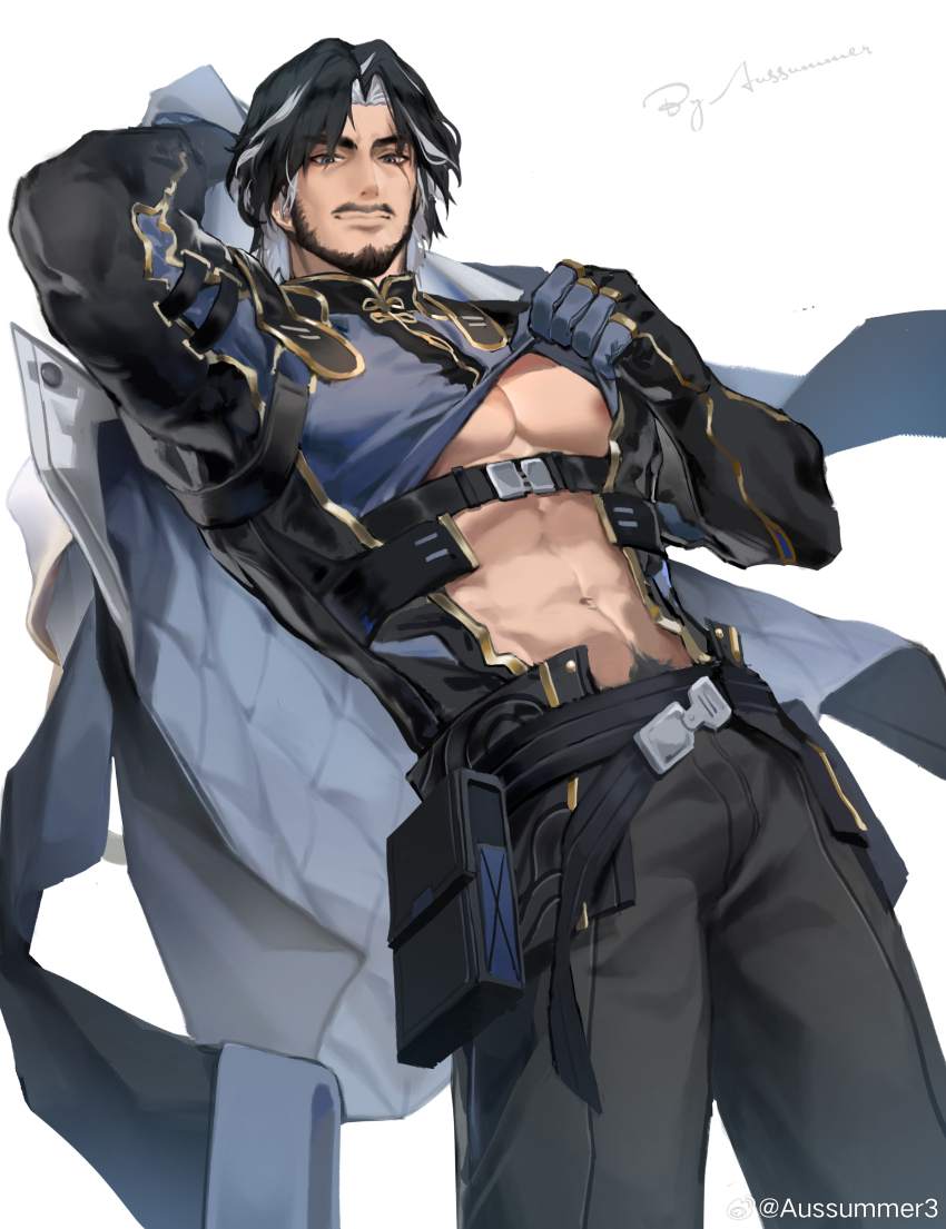 1boy, absurdres, artist_name, aussummer, bara, bare_pectorals, chinstrap, coat, facial_hair, highres, large_pectorals, looking_at_viewer, male_focus, multicolored_hair, mustache, open_clothes, open_coat, pectorals, pencil_mustache, pubic_hair, pubic_hair_peek, scar, scar_across_eye, scar_on_face, signature, solo, underpec, wuthering_waves, yhan_(wuthering_waves)