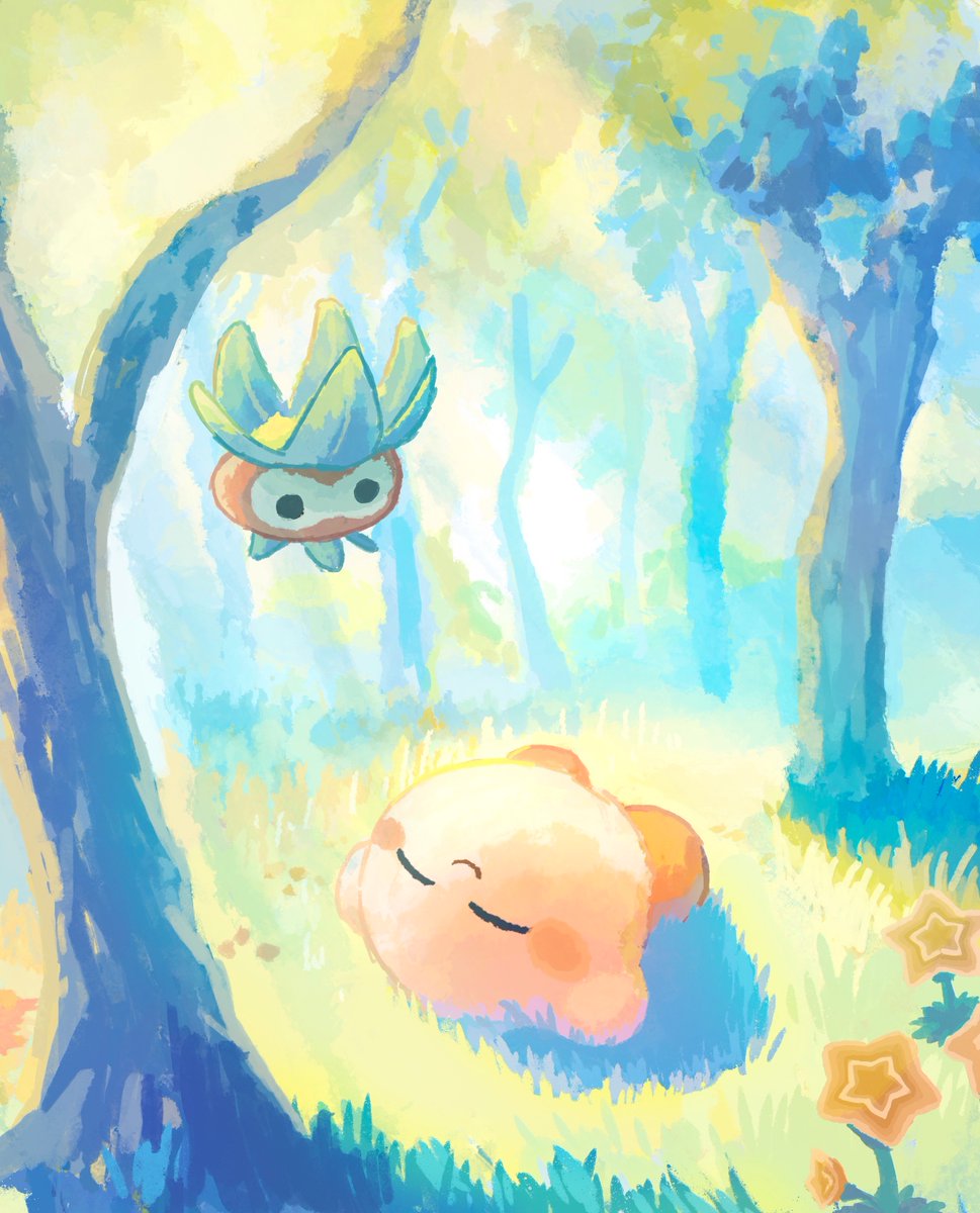 aruco_co, black_eyes, blush_stickers, closed_eyes, day, floating, flower, forest