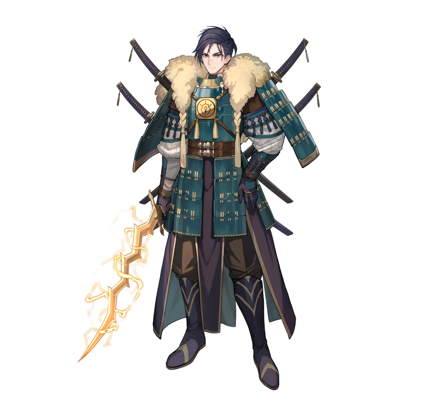 1boy, absurdres, armor, black_footwear, black_gloves, black_hair, commentary, english_commentary, felix_hugo_fraldarius, felix_hugo_fraldarius_(sword_savant), fire_emblem, fire_emblem:_three_houses, fire_emblem_heroes, frown, gloves, green_eyes, highres, holding, holding_sword, holding_weapon, levin_sword, lightning, looking_at_viewer, multiple_swords, multiple_weapons, nintendo, official_alternate_costume, official_art, sheath, shoulder_armor, solo, sword, tachi-e, weapon