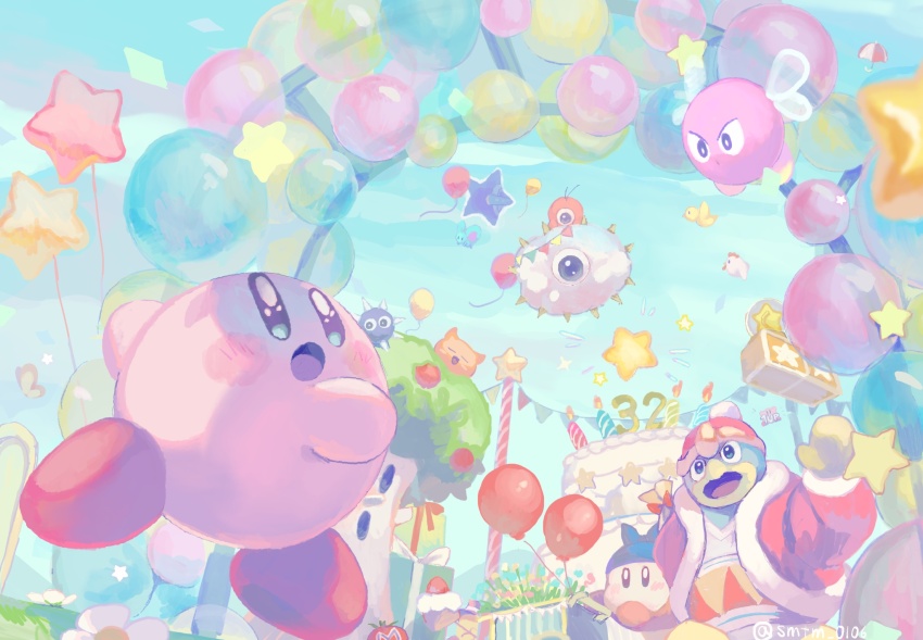 :o, balloon, bandana, bandana_waddle_dee, blue_bandana, blue_sky, blush_stickers, bright_pupils