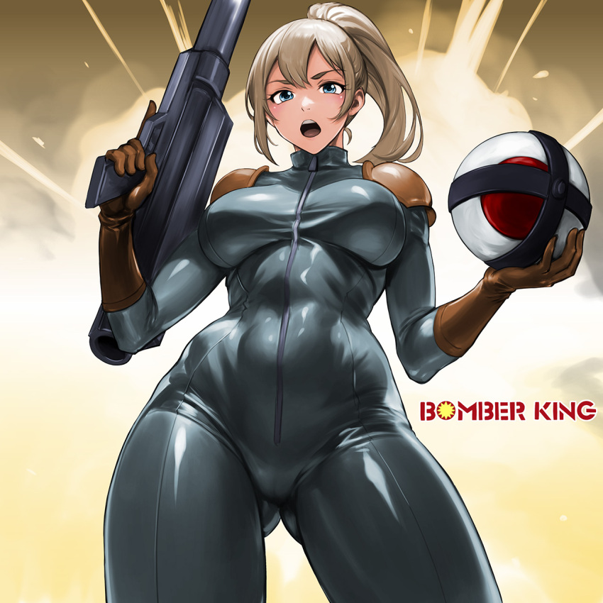 1girl, :o, blonde_hair, blue_bodysuit, bodysuit, bomber_king, brown_gloves, copyright_name