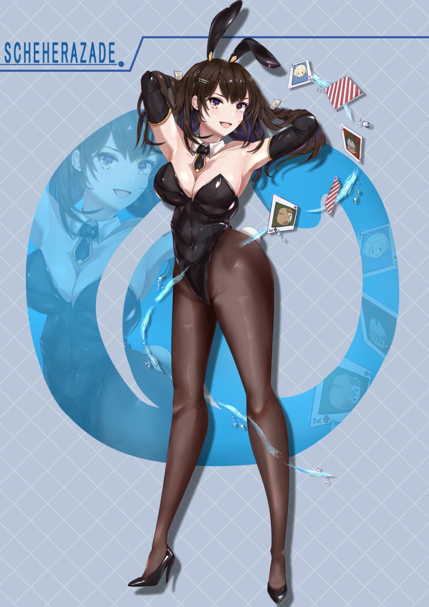 1girl, 3boys, absurdres, animal_ears, armpits, arms_behind_head, black_footwear, black_gloves