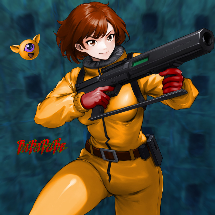 1girl, alien, baraduke, belt, bodysuit, brown_belt, brown_eyes, brown_hair, copyright_name, energy_cannon, gloves, gun, highres, holding, holding_gun, holding_weapon, looking_at_viewer, minamoto80486, namco, opencanvas_(medium), paccet, red_gloves, short_hair, smile, toby_masuyo, weapon, yellow_bodysuit