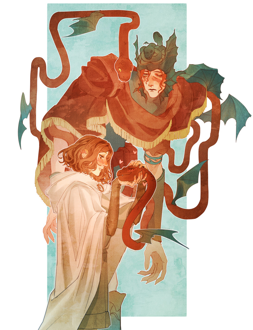 1boy, 1girl, absurdres, animal_helmet, bat_wings, black_helmet, blush, bob_cut, bracer, breasts, brother_and_sister, capelet, cloak, closed_eyes, elden_ring, elden_ring:_shadow_of_the_erdtree, fasow1lu, fingernails, fringe-trimmed_capelet, fringe_trim, headpat, height_difference, helmet, highres, hood, hood_down, hooded_cloak, hunched_over, long_arms, long_legs, looking_at_animal, looking_at_another, looking_down, loving_aura, medium_breasts, melina_(elden_ring), messmer_the_impaler, nose_blush, one_eye_closed, petting, red_capelet, red_hair, red_snake, sharp_fingernails, siblings, slit_pupils, snake, snake_wrapped_around_body, white_cloak, winged_animal, winged_helmet, wings