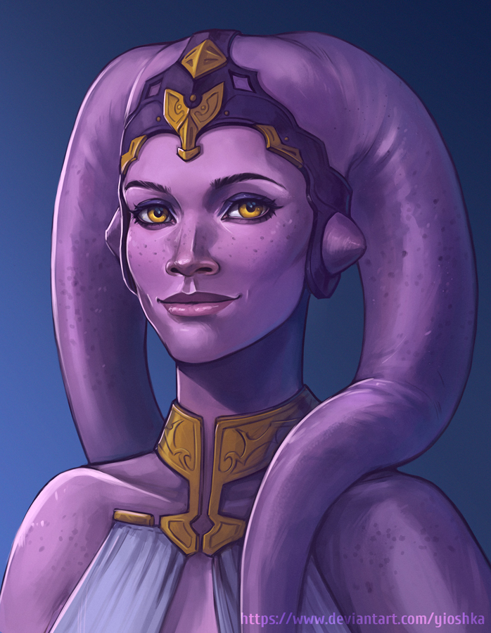 1girl, alien, artist_name, colored_skin, lekku_(anatomy), looking_at_viewer, orange_eyes, patreon_username, portrait, purple_skin, solo, star_wars, twi'lek, watermark, web_address, yioshka