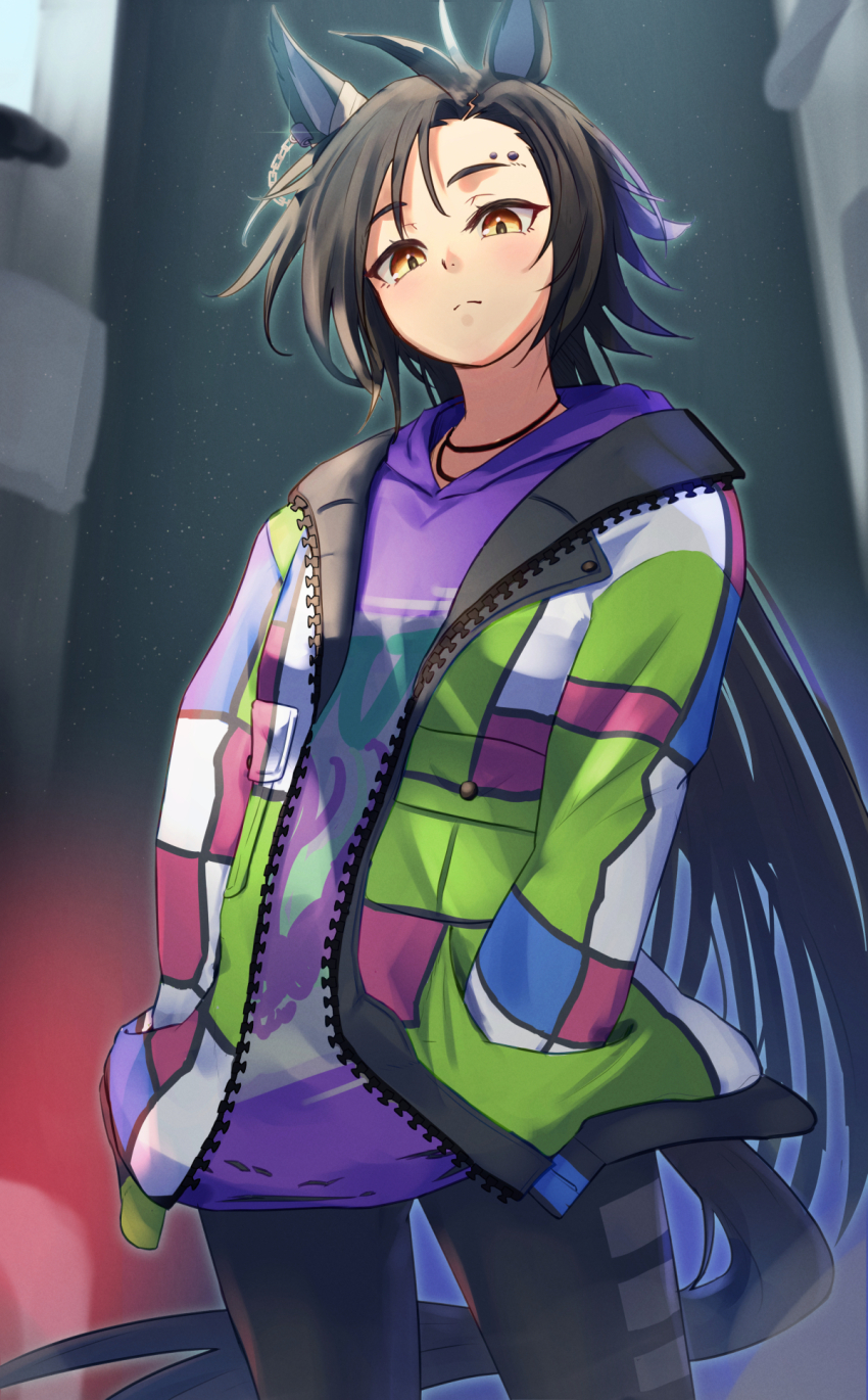 1girl, air_shakur_(casual)_(umamusume), air_shakur_(umamusume), animal_ears, black_hair, black_pants, breasts, casual