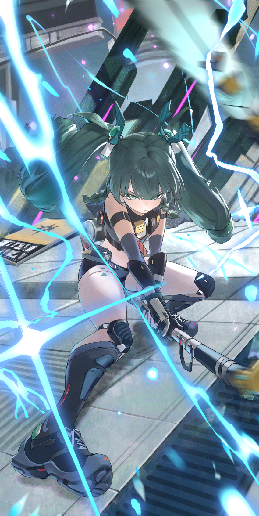 1girl, absurdres, android, black_gloves, braid, commentary, electricity, fingerless_gloves, full_body, gloves, green_eyes, green_hair, hair_ornament, hanasawa_(hanasawa062), highres, holding, holding_weapon, knee_pads, long_hair, looking_at_viewer, midriff, motion_blur, police, police_uniform, policewoman, qingyi_(zenless_zone_zero), robot_girl, serious, shirt, shoes, side_braids, sleeveless, sleeveless_shirt, sneakers, solo, sphere_hair_ornament, stirrup_legwear, three_section_staff, toeless_legwear, twintails, weapon, zenless_zone_zero