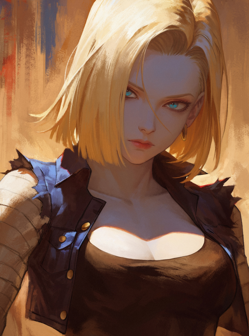 1girl, absurdres, android_18, backlighting, black_tank_top, blonde_hair, blue_eyes, breasts