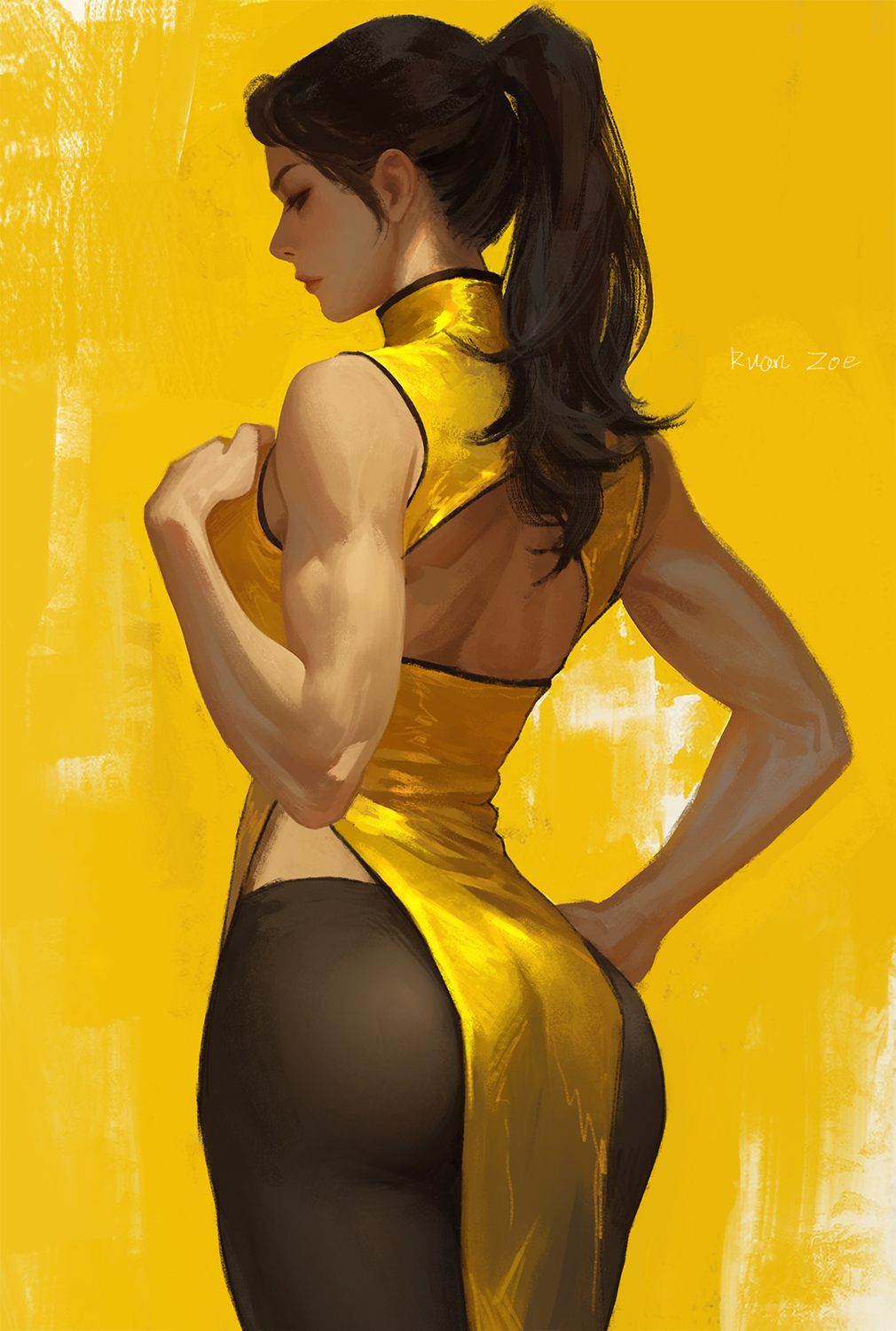 1girl, ass, back_cutout, black_hair, black_leggings, breasts, china_dress, chinese_clothes