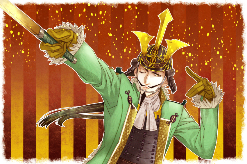 1boy, armor, border, brown_background, brown_eyes, brown_gloves, brown_hair, coat