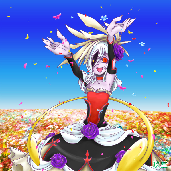 1girl, :d, beatrice_(wild_arms), choker, colored_skin, dress, feathers, female_focus, flower, garden, heterochromia, kudou_(wil0830s), long_hair, open_mouth, petals, purple_skin, red_eyes, smile, solo, white_hair, wil0830s, wild_arms, wild_arms_3, yellow_eyes