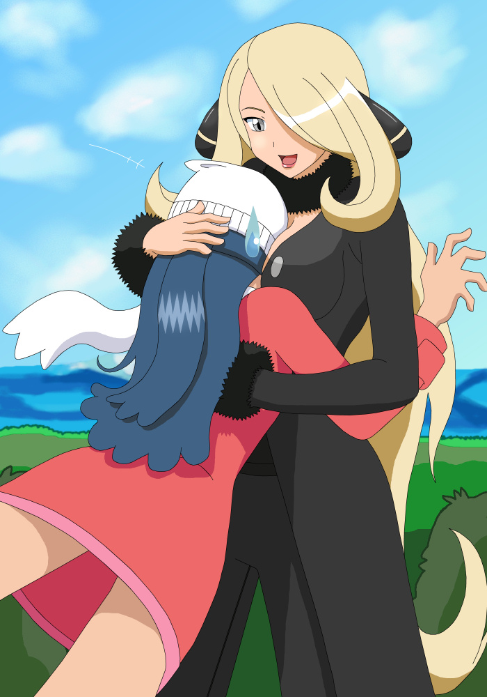 2girls, age_difference, between_breasts, black_jacket, black_pants, black_shirt, blonde_hair, blue_eyes, blue_sky, breasts, cynthia_(pokemon), dawn_(pokemon), female_focus, grey_eyes, hand_on_another's_back, hand_on_another's_head, hand_up, head_between_breasts, height_difference, hug, jacket, james_donaldson, loli, looking_at_another, looking_down, multiple_girls, nintendo, onee-loli, outdoors, pants, pokemon, pokemon_diamond/pearl/platinum, pokemon_platinum, red_jacket, shirt, sky, sweatdrop, yuri
