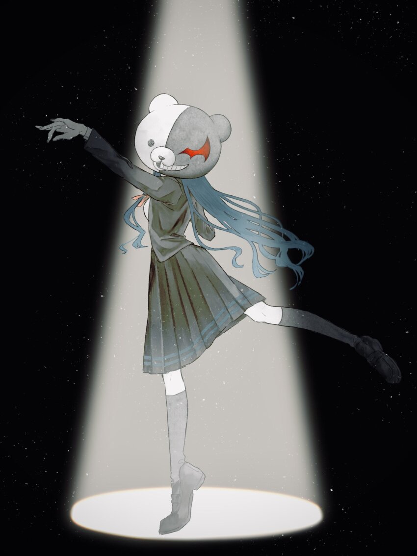 1girl, bear_mask, black_background, black_jacket, black_skirt, black_socks, c_(srhtguy), danganronpa_(series)