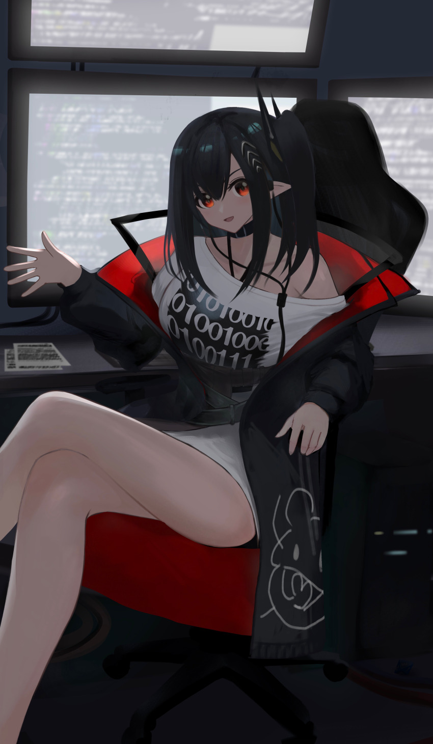 1girl, absurdres, arknights, black_choker, black_hair, black_jacket, breasts, chair