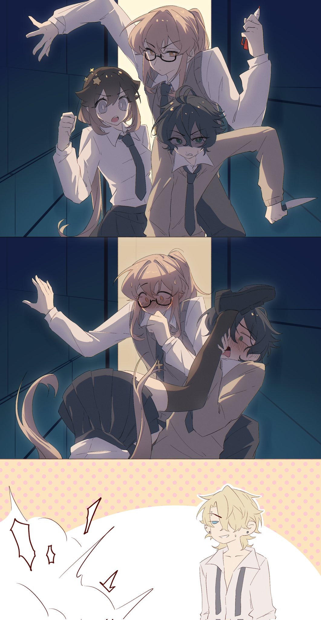 1girl, 3boys, accidental_pervert, black_footwear, black_skirt, blonde_hair, blue_eyes, brown_cardigan