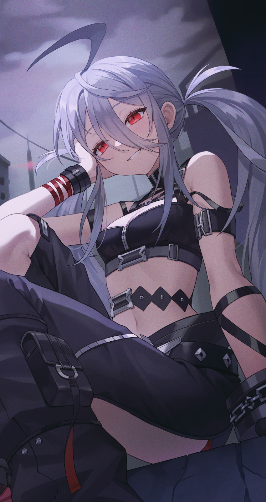 1girl, absurdres, ahoge, arm_strap, bare_shoulders, belt, black_belt, black_pants