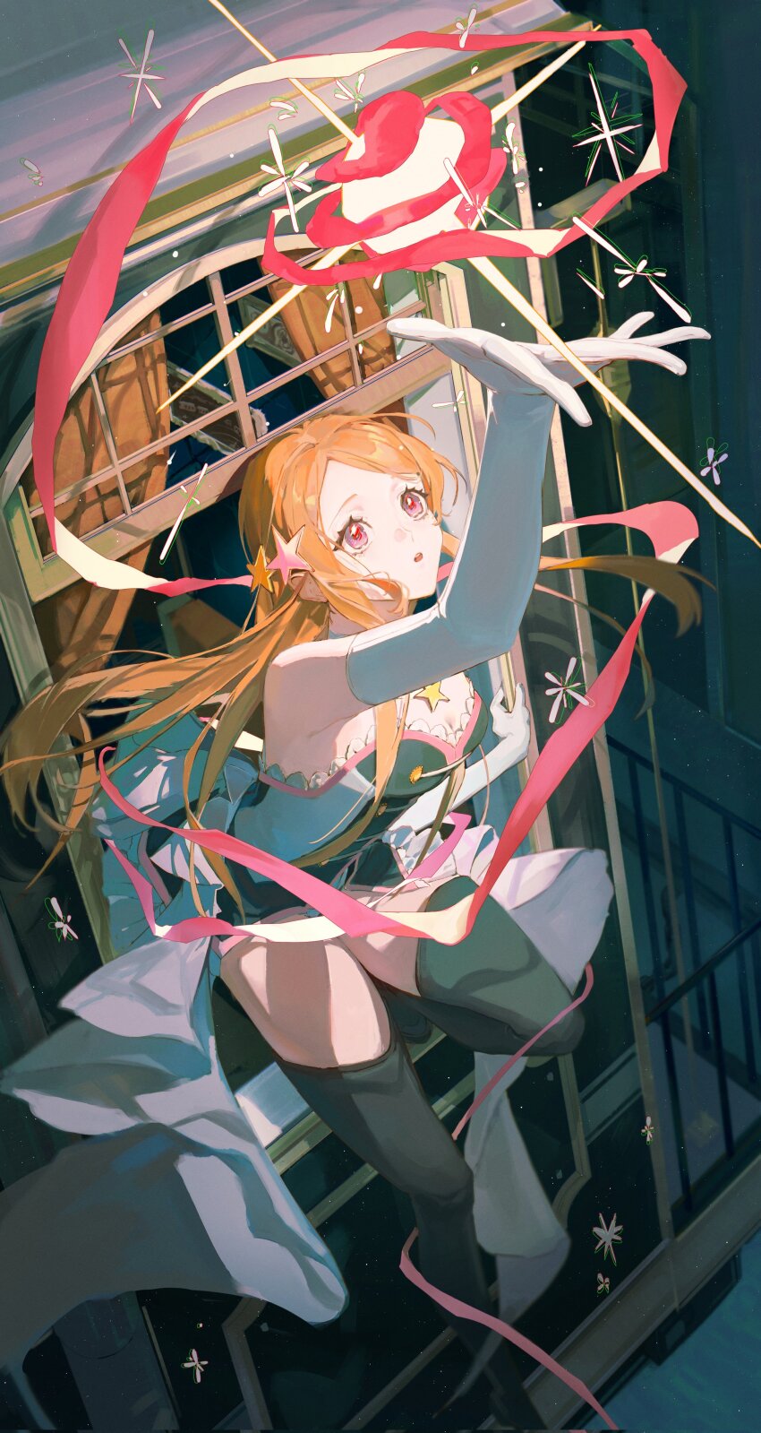 1girl, :o, absurdres, apple, apple_peel, black_thighhighs, brown_hair, curtains