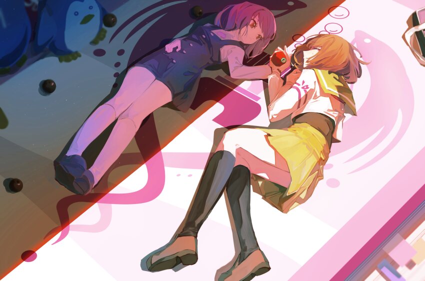 2girls, absurdres, apple, bird, black_dress, brown_hair, child, closed_eyes