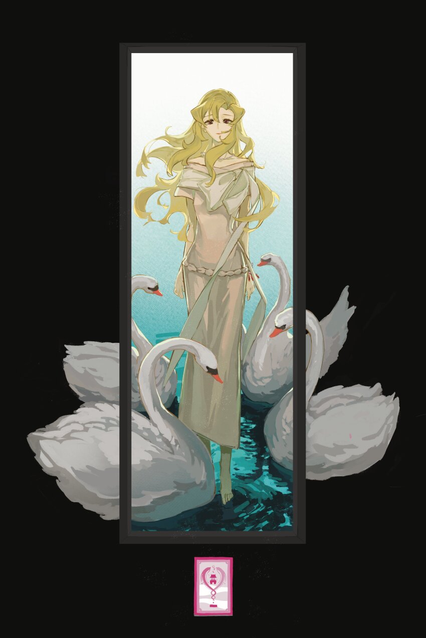 1girl, absurdres, afloat, barefoot, bird, black_background, blonde_hair, bracelet