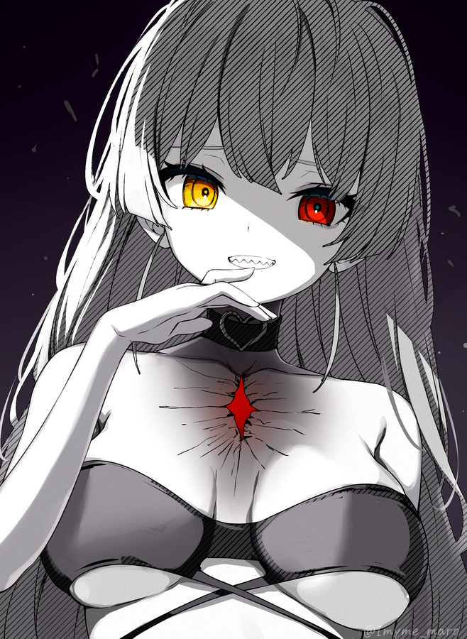 1girl, bare_shoulders, black_background, black_bra, bra, breasts, cracked_skin, dead_ma'am's_chest_(houshou_marine)