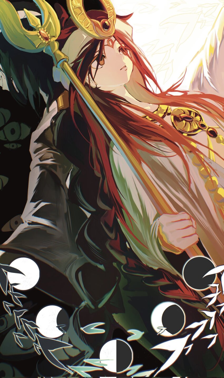 2girls, arba_(magi), back-to-back, black_hair, black_rukh_(magi), braid, empty_eyes, facial_mark, forehead_mark, harumimi, highres, holding, holding_staff, hair_horns, jewelry, long_hair, long_sleeves, magi_the_labyrinth_of_magic, multiple_girls, necklace, parted_lips, red_eyes, red_hair, robe, rukh_(magi), sheba_(magi), staff, turban, very_long_hair, white_robe