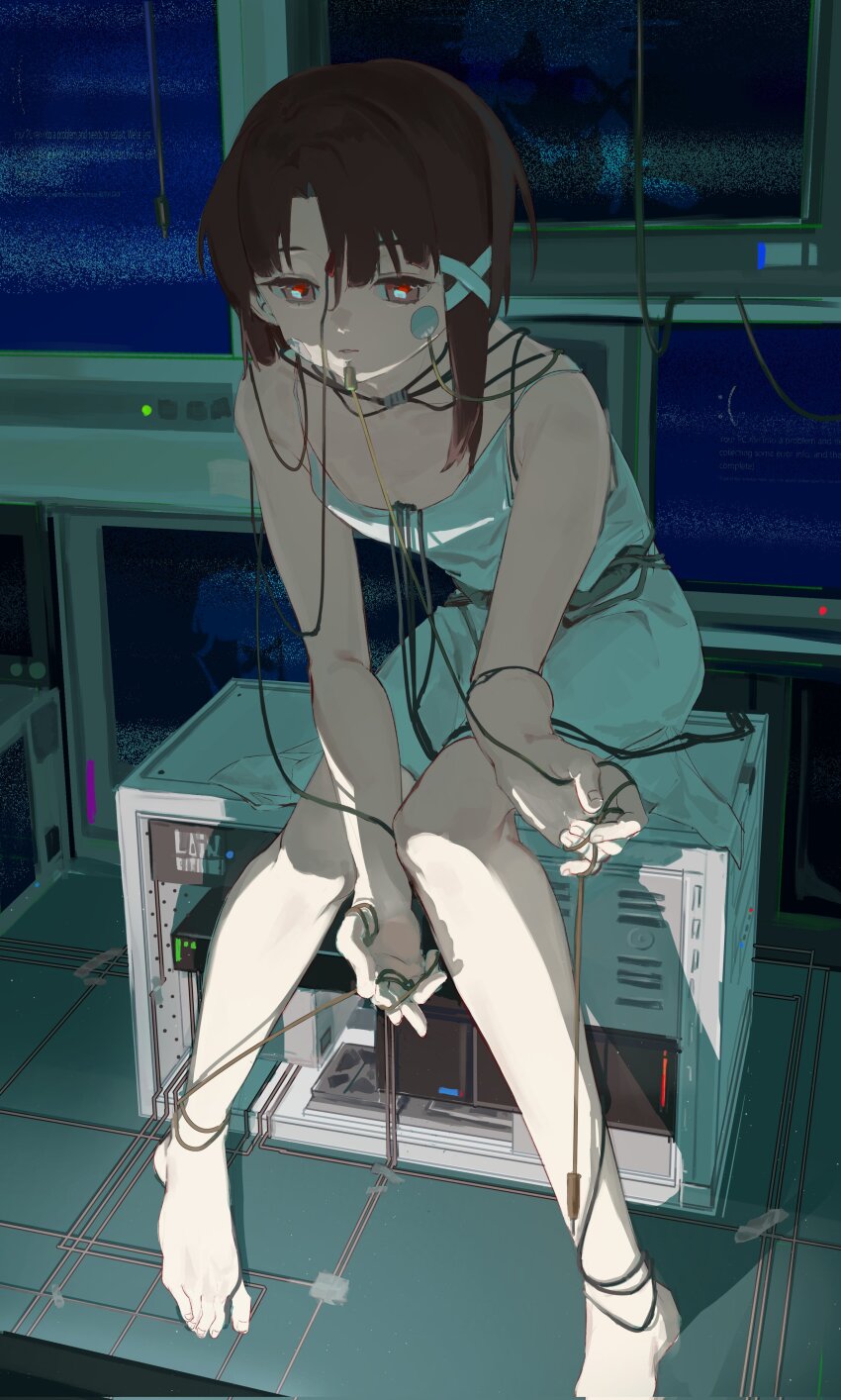 1girl, absurdres, asymmetrical_hair, bare_shoulders, barefoot, brown_eyes, brown_hair, computer, computer_tower, dark_room, dress, entangled, expressionless, hair_ornament, hairclip, half-closed_eyes, harumimi, highres, iwakura_lain, monitor, parted_lips, serial_experiments_lain, shadow, short_hair, single_sidelock, sitting, solo, spaghetti_strap, white_dress, wire, x_hair_ornament