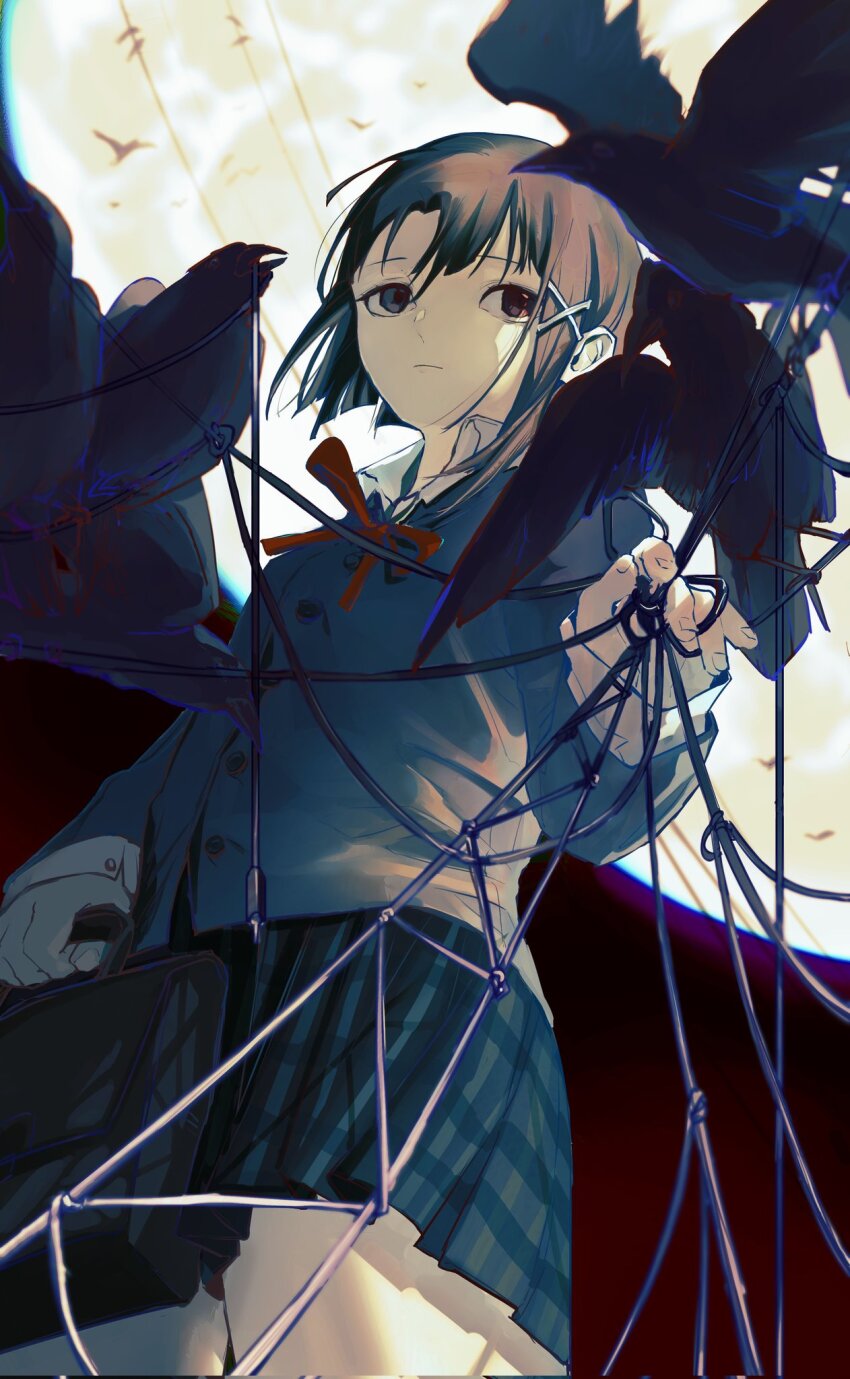 1girl, asymmetrical_hair, bag, bird, black_bird, blue_eyes, blue_jacket, blue_skirt