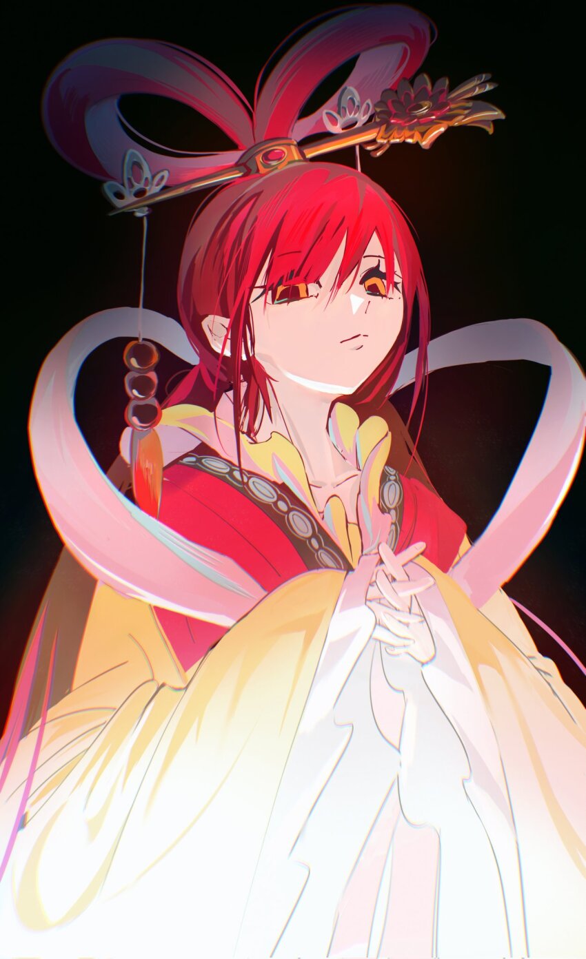 1girl, black_background, chigomage, chinese_clothes, chinese_hairpin, closed_mouth, feixianji_(hairstyle), floating_scarf, hair_ornament, hair_rings, hanfu, harumimi, highres, long_hair, looking_at_viewer, magi_the_labyrinth_of_magic, orange_eyes, own_hands_together, pink_hanfu, red_hair, ren_kougyoku, scarf, serious, solo, upper_body, wide_sleeves, yellow_hanfu