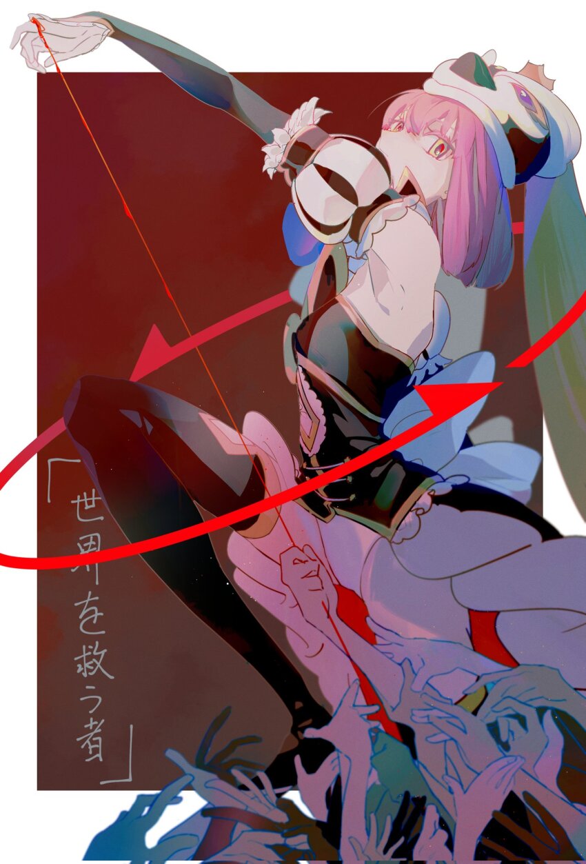 1girl, animal_hat, border, detached_sleeves, dress, grey_eyes, hand_up, harumimi