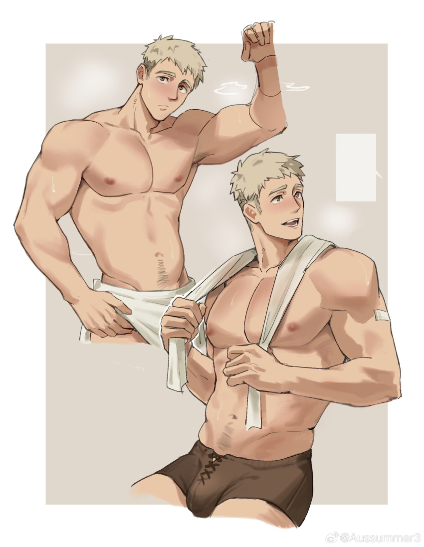1boy, absurdres, aussummer, bara, biceps, blonde_hair, bulge, dungeon_meshi