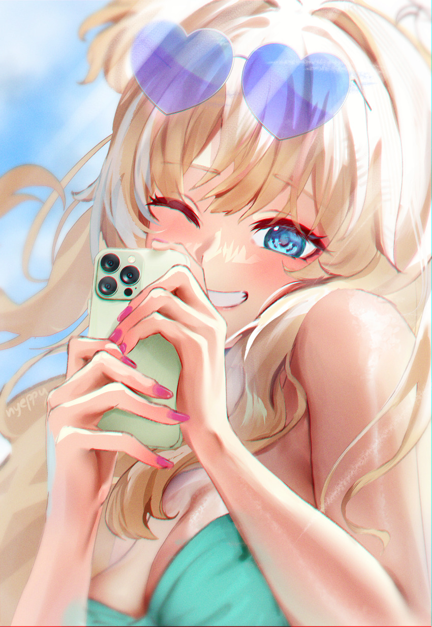 1girl, aqua_bikini, bare_shoulders, bikini, blonde_hair, blue-tinted_eyewear, blue_eyes, blue_sky