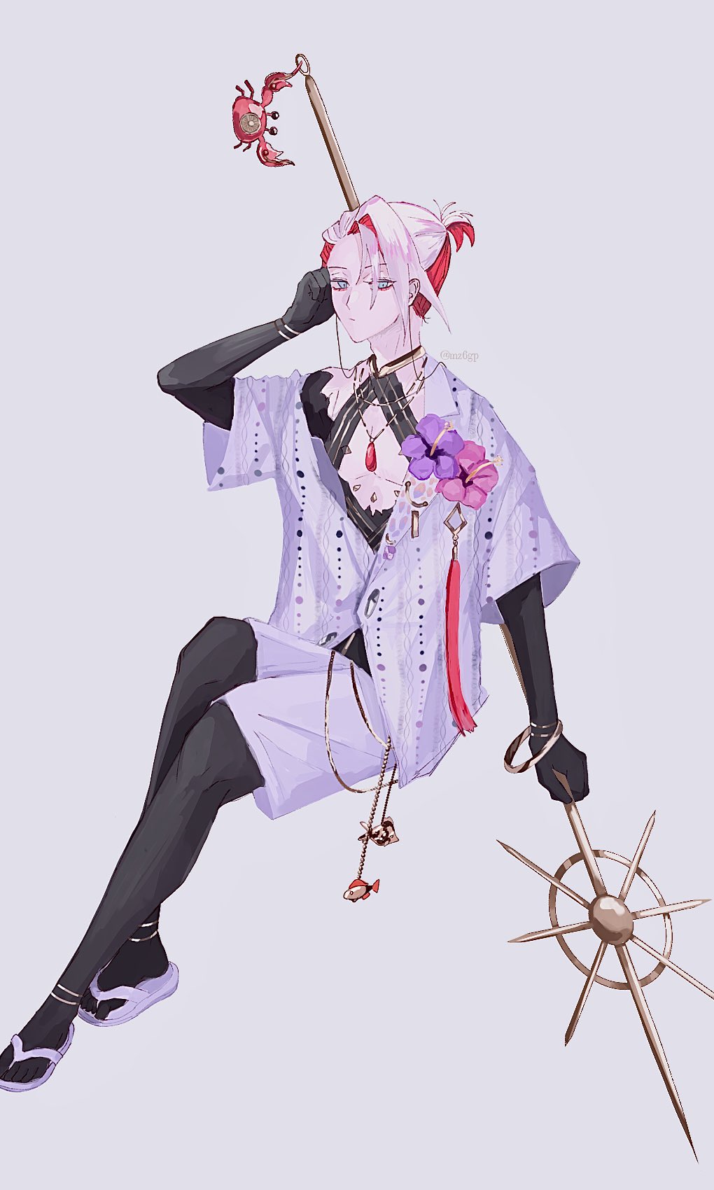 1boy, bishounen, blue_eyes, bracelet, chain, chest_jewel, colored_inner_hair, crab, eyeshadow, eyeshadow_under_eye, fate/grand_order, fate_(series), full_body, gold_chain, grey_background, hair_between_eyes, highres, holding, holding_polearm, holding_weapon, jewelry, karna_(fate), karna_(summer_outfit)_(fate), looking_at_viewer, makeup, male_focus, multicolored_hair, mz6gp, necklace, official_alternate_costume, official_alternate_hairstyle, pale_skin, polearm, ponytail, red_eyeshadow, red_hair, sandals, shirt, short_hair, short_ponytail, shorts, simple_background, sitting, solo, two-tone_hair, vasavi_shakti_(fate), weapon, white_hair, white_shirt, white_shorts