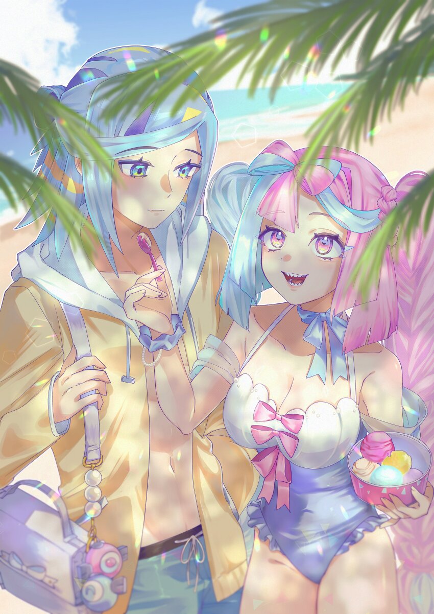 1boy, 1girl, absurdres, alternate_costume, bag, beach, blue_eyes, blue_hair