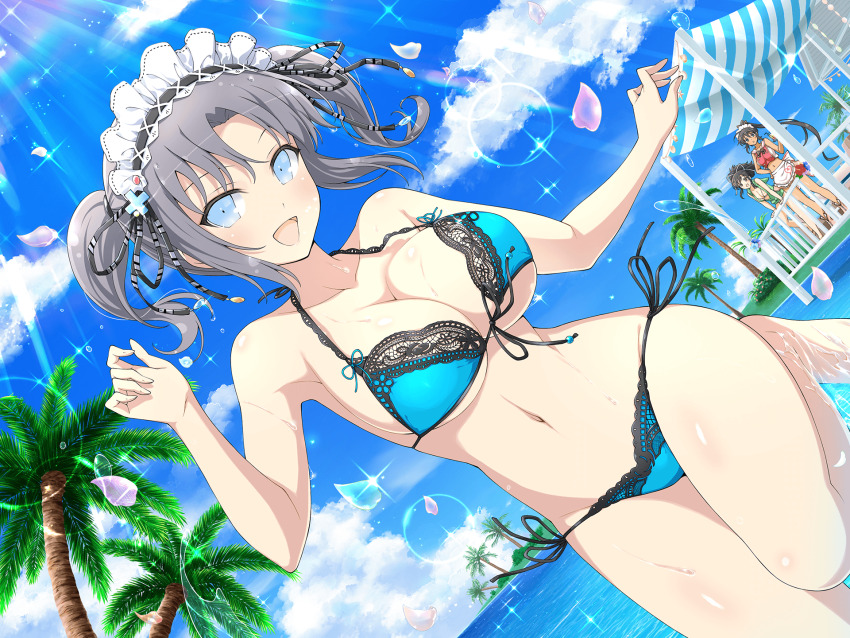 3girls, :d, apron, asuka_(senran_kagura), balcony, bare_shoulders, bikini, black_hair