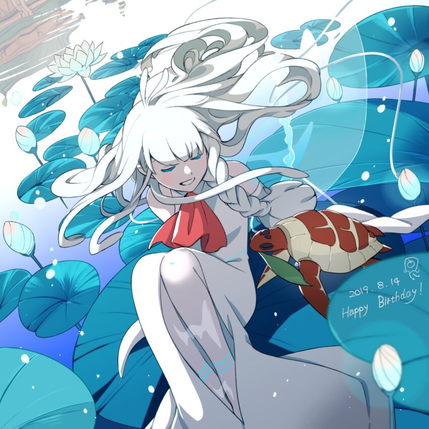 1girl, 2019, ascot, blush, closed_eyes, dated, detached_sleeves, dot_nose, dress, english_text, flower, grin, happy_birthday, highres, lily_(flower), lily_pad, long_hair, lumi_(vocaloid), miyama_hugin, red_ascot, sleeves_past_fingers, sleeves_past_wrists, smile, solo, teeth, turtle, vocaloid, water, white_dress, white_hair, white_sleeves