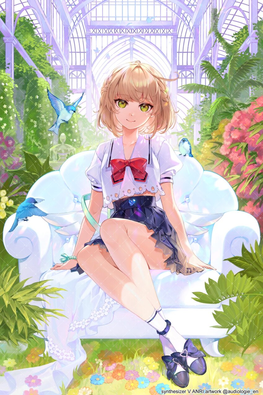 1girl, anri_(synthesizer_v), bird, blonde_hair, blue_bird, blue_footwear, blue_skirt, bow, bowtie, braid, closed_mouth, copyright_name, flower, footwear_bow, fountain, full_body, green_eyes, heart, highres, looking_at_viewer, musical_note, official_art, plant, pleated_skirt, red_bow, red_bowtie, shirt, sitting, skirt, smile, socks, solo, synthesizer_v, twitter_username, ultracat, watermark, white_shirt, white_socks, wings