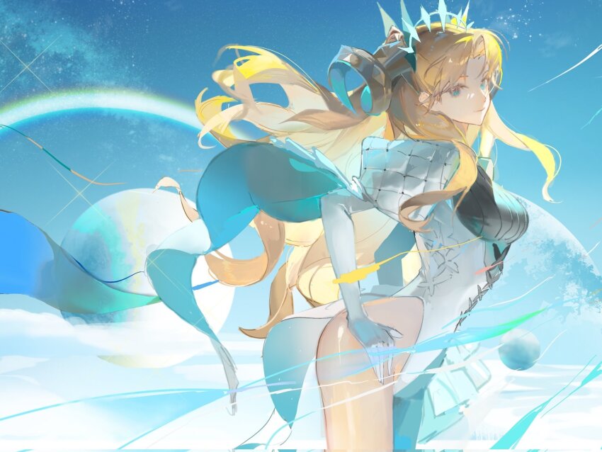1girl, aqua_pantyhose, blonde_hair, blue_eyes, blue_sky, curled_horns, curtained_hair, ereshkigal_(fate), fate/grand_order, fate_(series), gloves, headpiece, heqing, highleg, highleg_leotard, highres, horns, leotard, long_hair, looking_at_viewer, multicolored_horns, pantyhose, puff_and_slash_sleeves, puffy_sleeves, single_leg_pantyhose, sky, solo, space_ereshkigal_(fate), two_side_up, wavy_hair, white_gloves, white_leotard